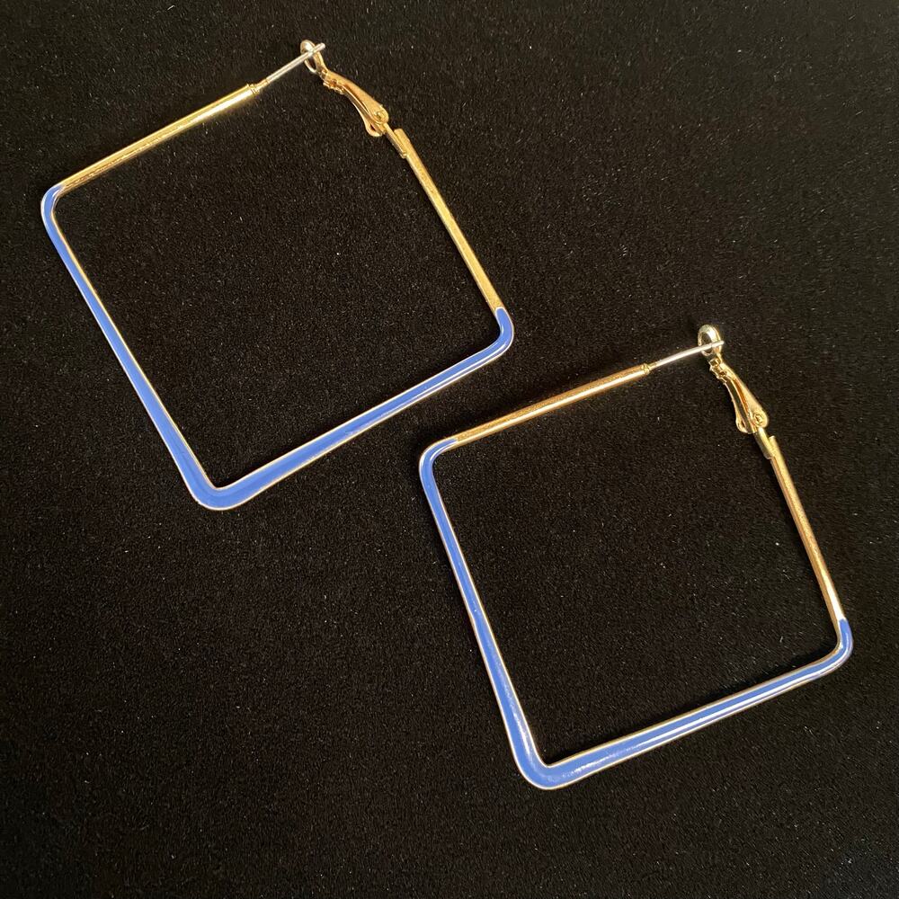 Vintage 80's Gold Tone Square Hoop Earrings Blue Enamel Accent Unsigned 2"